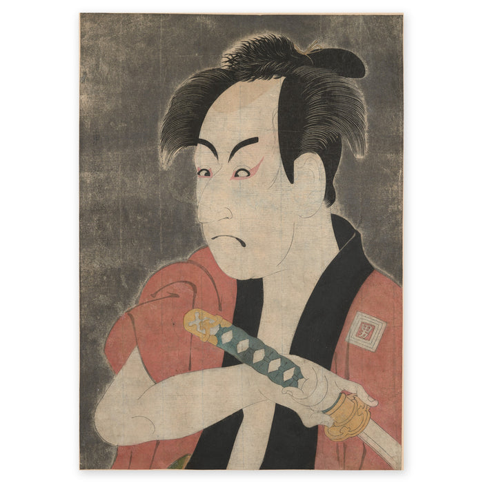 Tōshūsai Sharaku, The Kabuki Actor Ichikawa Omezō I as the Footman Ippei, 1794 — bust portrait in a red robe gripping a sword hilt, on a dark mica ground