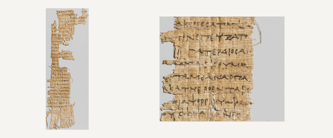 A papyrus fragment with lines from Homer's Odyssey, written in Egypt around 285–250 BCE, shown whole and in detail