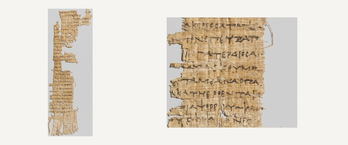 A papyrus fragment with lines from Homer's Odyssey, written in Egypt around 285–250 BCE, shown whole and in detail