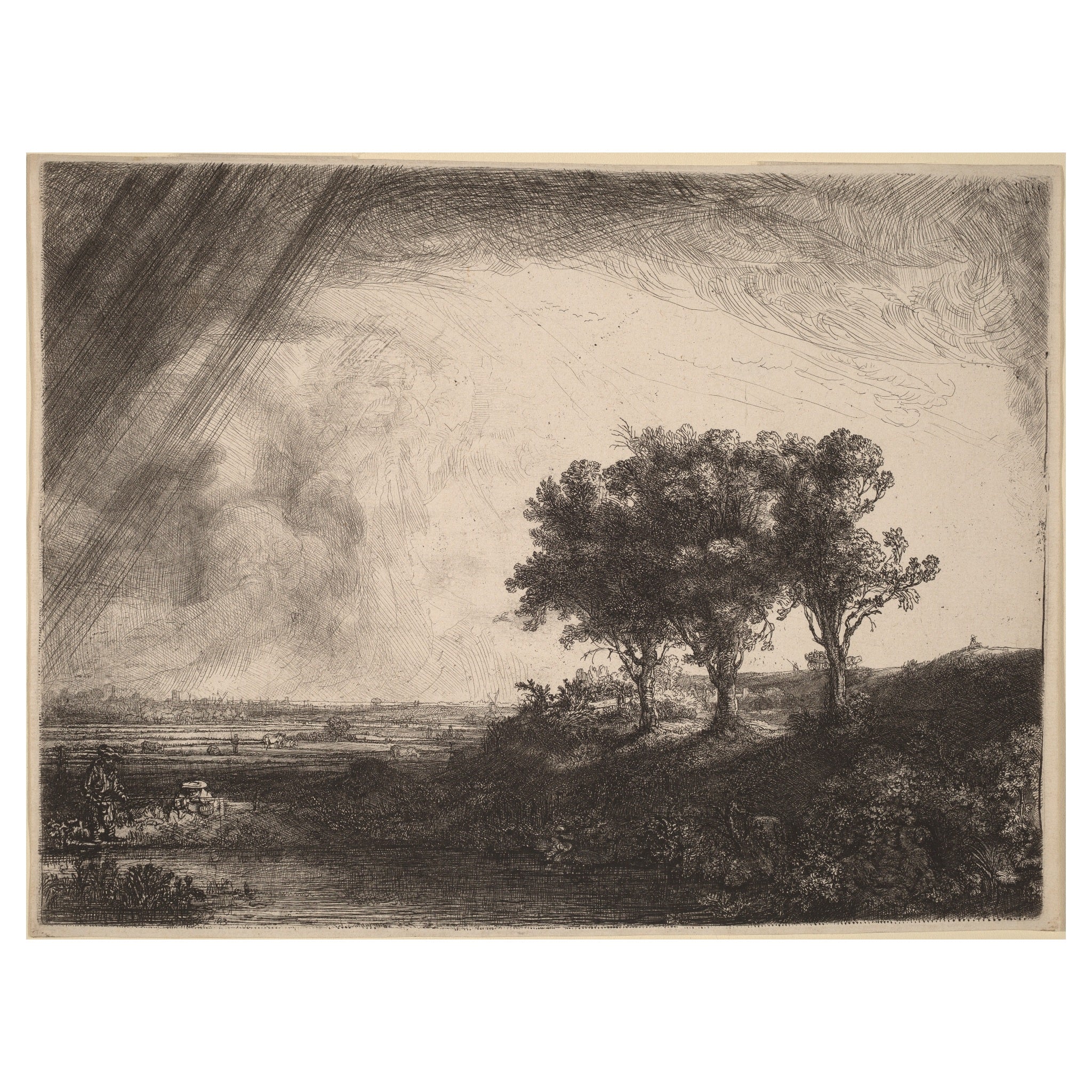 Rembrandt, The Three Trees, 1643 — the etching reproduced whole to the platemark