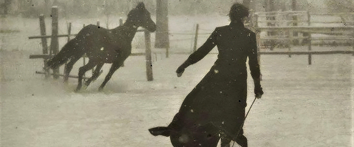 A woman in a long coat walking away across a snow-covered paddock, a dark horse galloping behind her — photograph attributed to Félix Thiollier, 1899