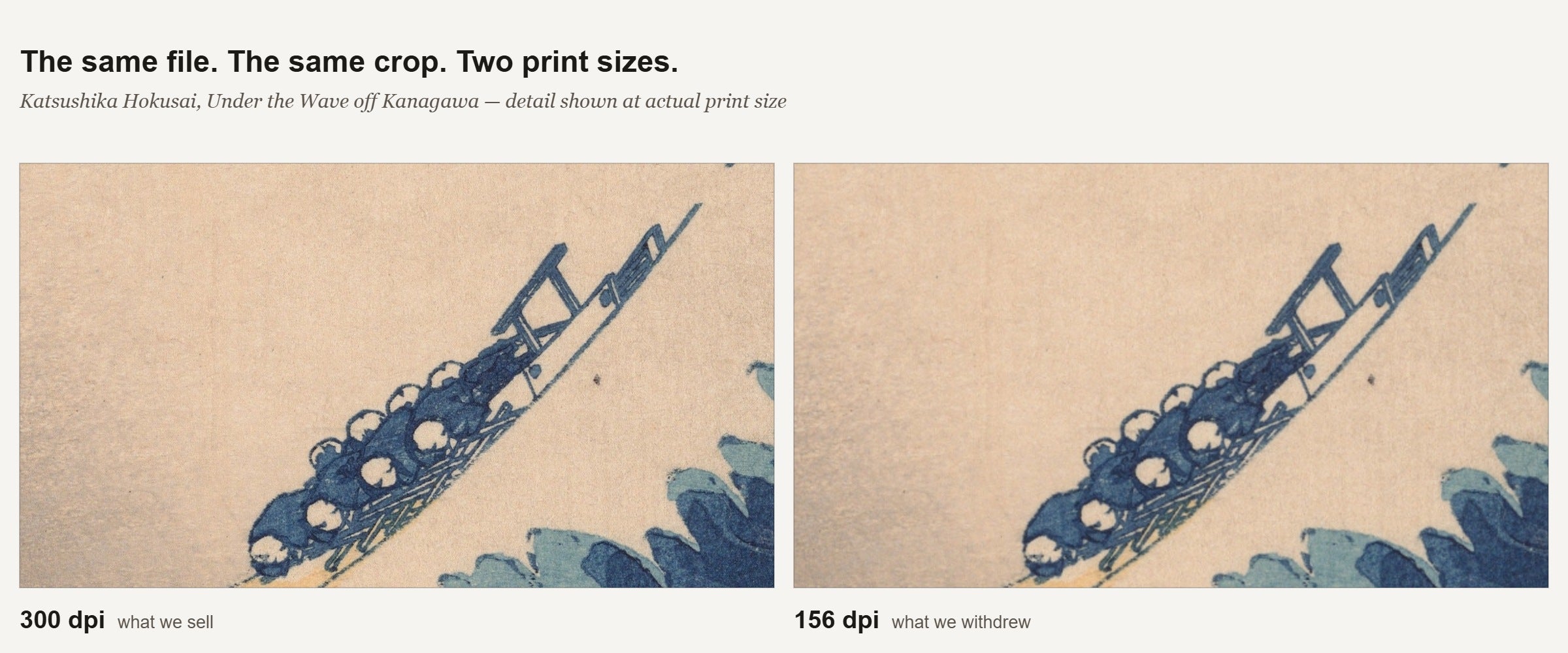 The same detail of Hokusai's Great Wave printed at 300 dpi and at 156 dpi, side by side — the lower resolution is visibly soft