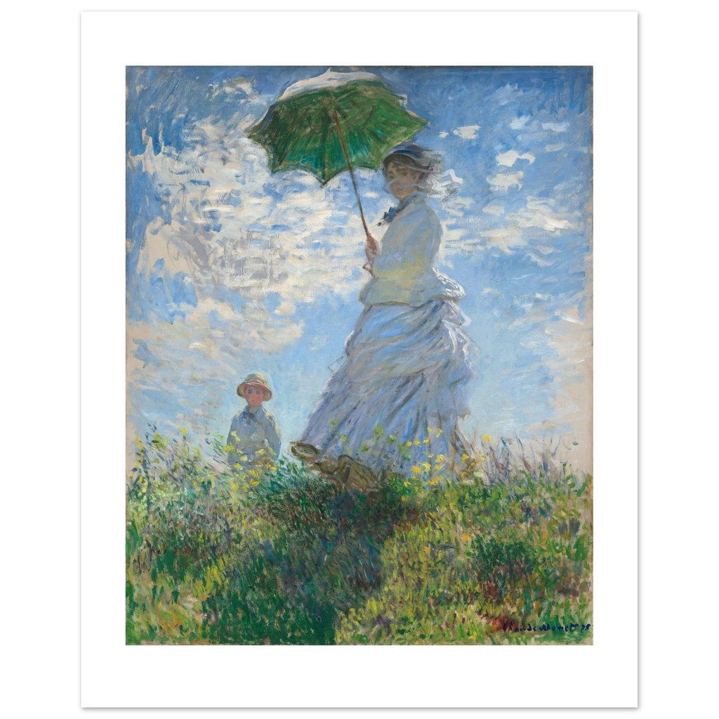 Monet's Woman with a Parasol as a 40 × 50 cm fine art poster, unframed, shown flat against a light grey wall
