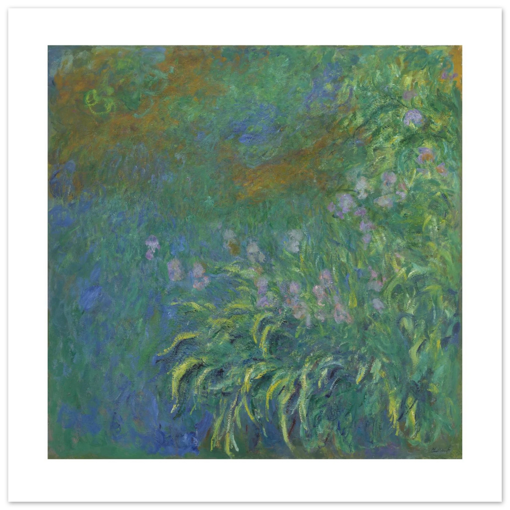 Monet's Irises as a 50 × 50 cm fine art poster, unframed, shown flat against a light grey wall