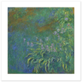 Monet's Irises as a 50 × 50 cm fine art poster, unframed, shown flat against a light grey wall