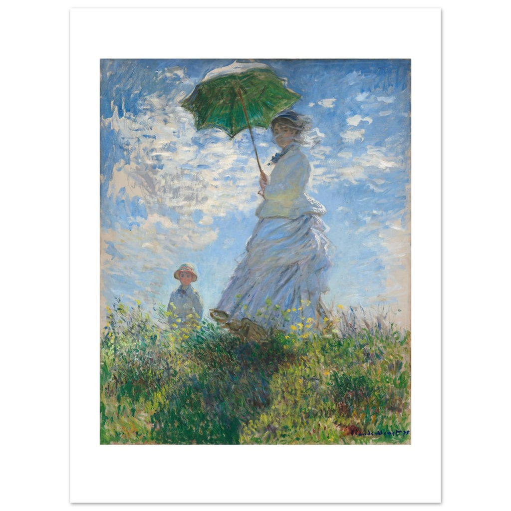 Monet's Woman with a Parasol as a 60 × 80 cm fine art poster, unframed, shown flat against a light grey wall