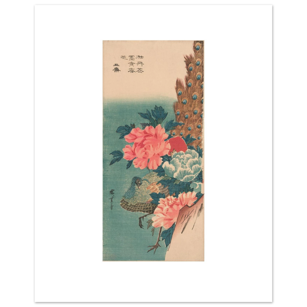 Hiroshige's Peacock and Peonies as a 40 × 50 cm fine art poster, unframed, shown flat against a light grey wall