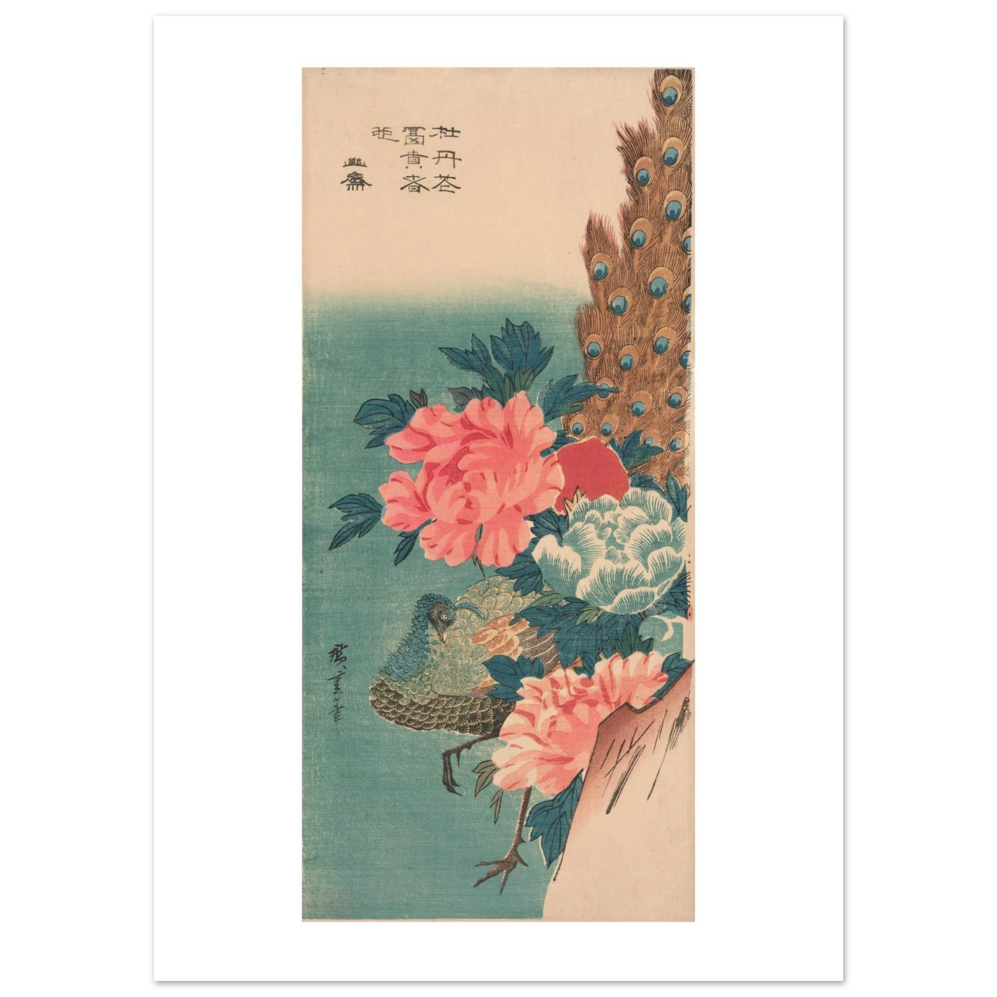 Hiroshige's Peacock and Peonies as a 50 × 70 cm fine art poster, unframed, shown flat against a light grey wall