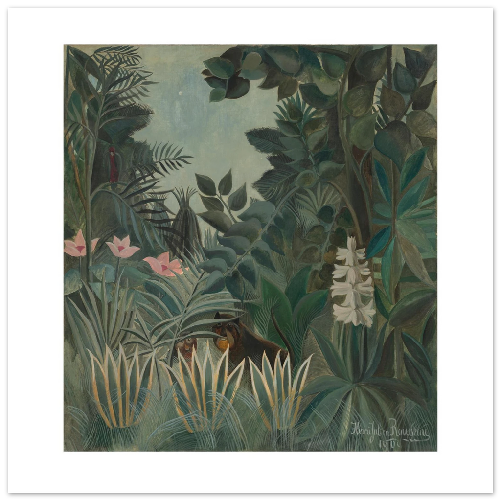 Rousseau's The Equatorial Jungle as a 50 × 50 cm fine art poster, unframed, shown flat against a light grey wall