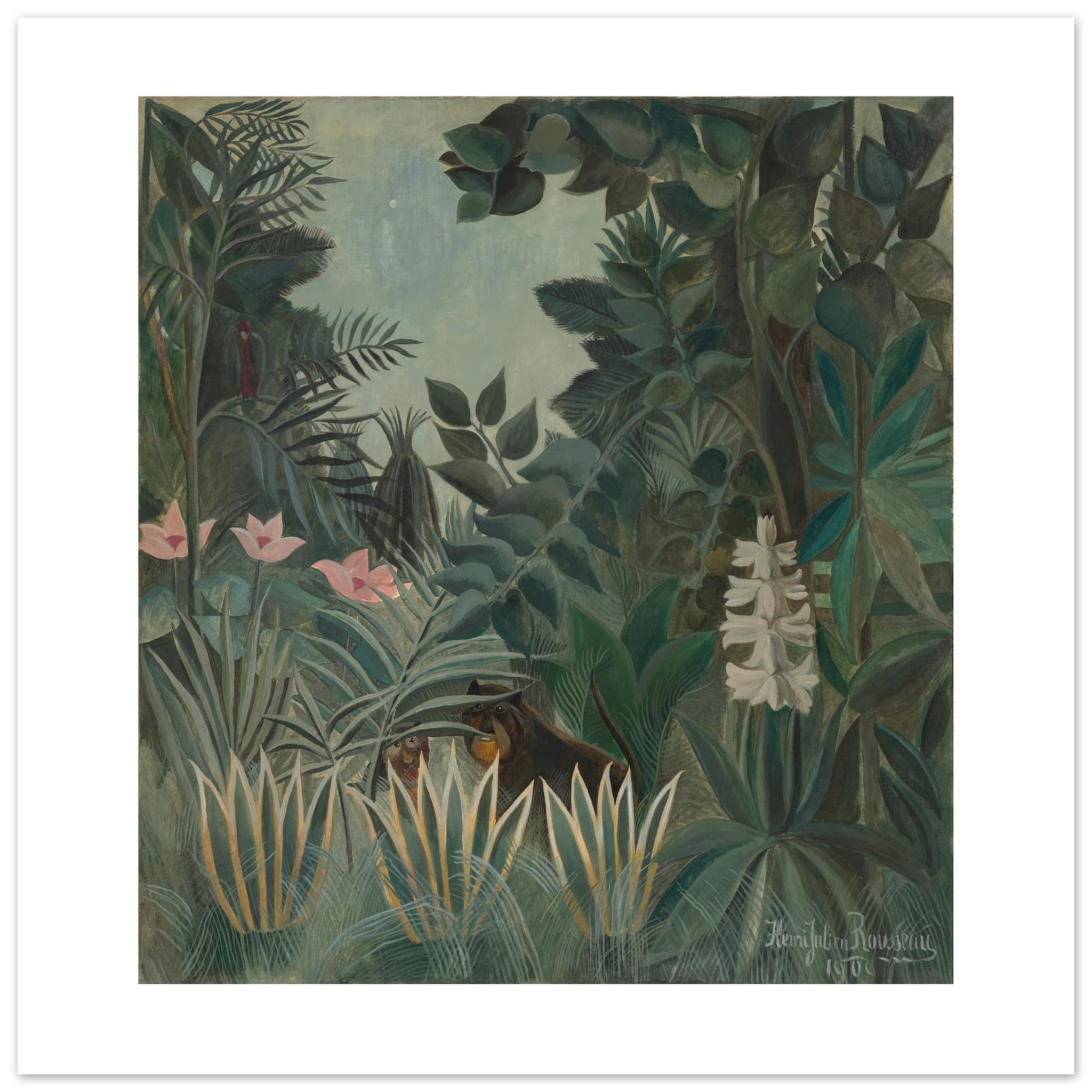Rousseau's The Equatorial Jungle as a 50 × 50 cm fine art poster, unframed, shown flat against a light grey wall