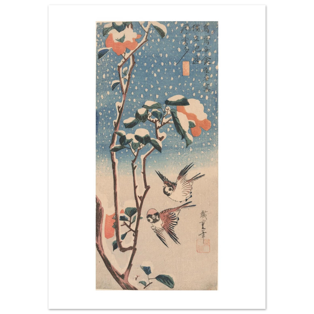Hiroshige's Sparrows and Camellia in Snow as a 50 × 70 cm fine art poster, unframed, shown flat against a light grey wall