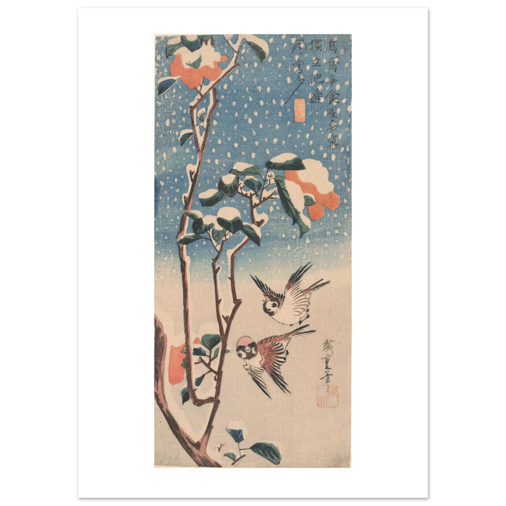 Hiroshige's Sparrows and Camellia in Snow as a 50 × 70 cm fine art poster, unframed, shown flat against a light grey wall