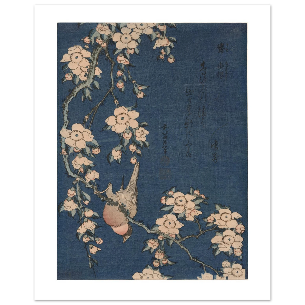 Hokusai's Bullfinch and Weeping Cherry as a 27 × 35 cm fine art poster, unframed, shown flat against a light grey wall