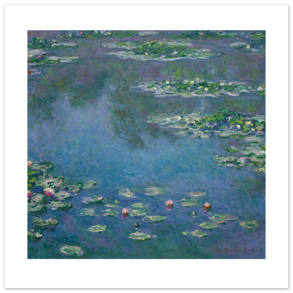 Monet's Water Lilies as a 50 × 50 cm fine art poster, unframed, shown flat against a light grey wall