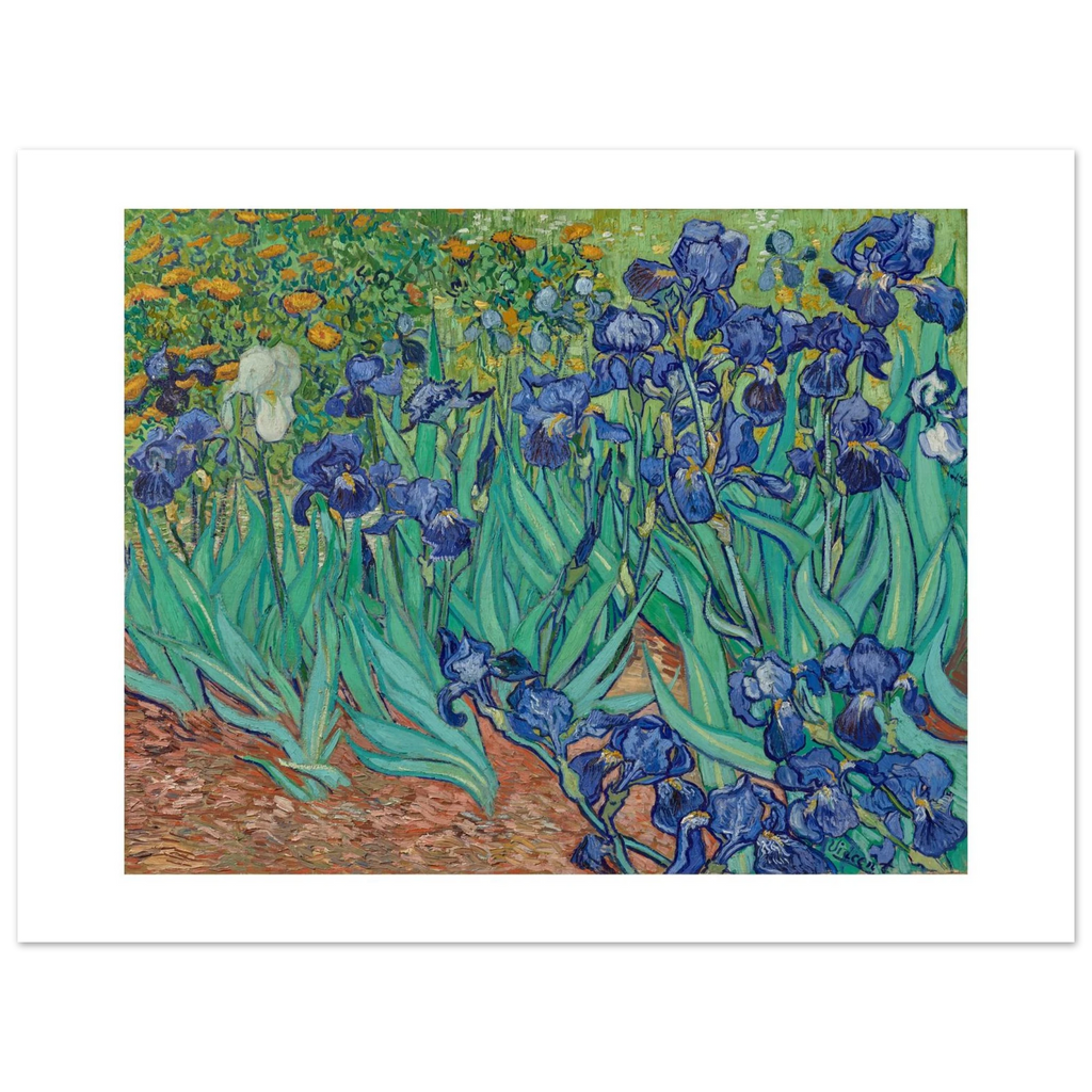 Van Gogh's Irises as a 50 × 40 cm fine art poster, unframed, shown flat against a light grey wall