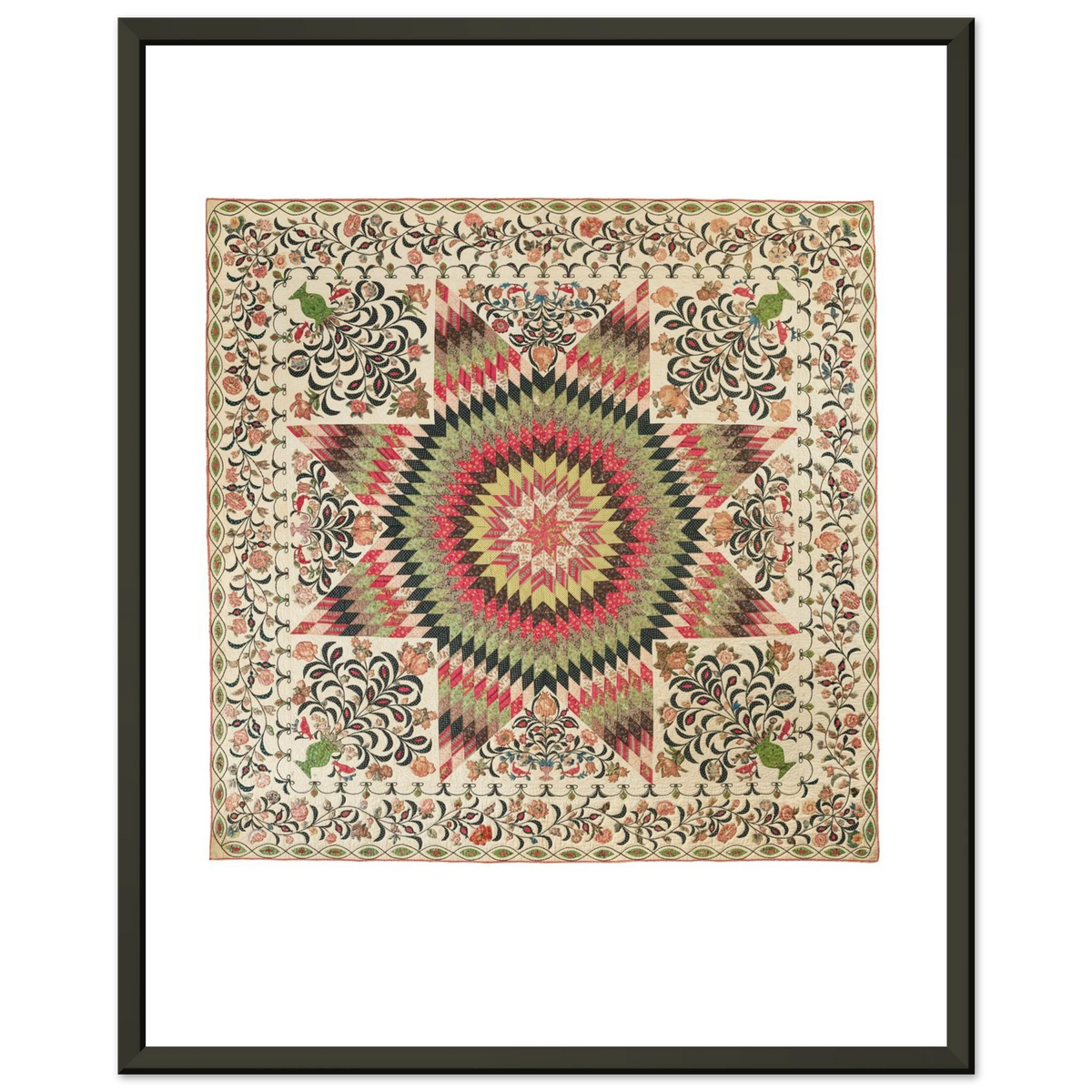 Mary “Betsy” Totten, Rising Sun Quilt, 1830s — framed print, 40 × 50 cm, slim black frame, shown on white