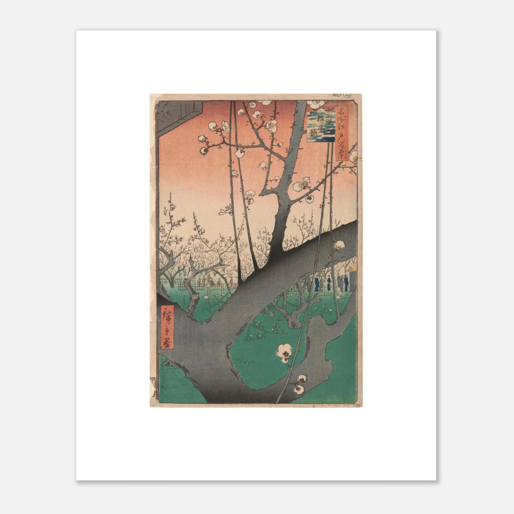 Hiroshige's Plum Garden at Kameido as a 40 × 50 cm fine art poster, unframed, shown flat against a light grey wall