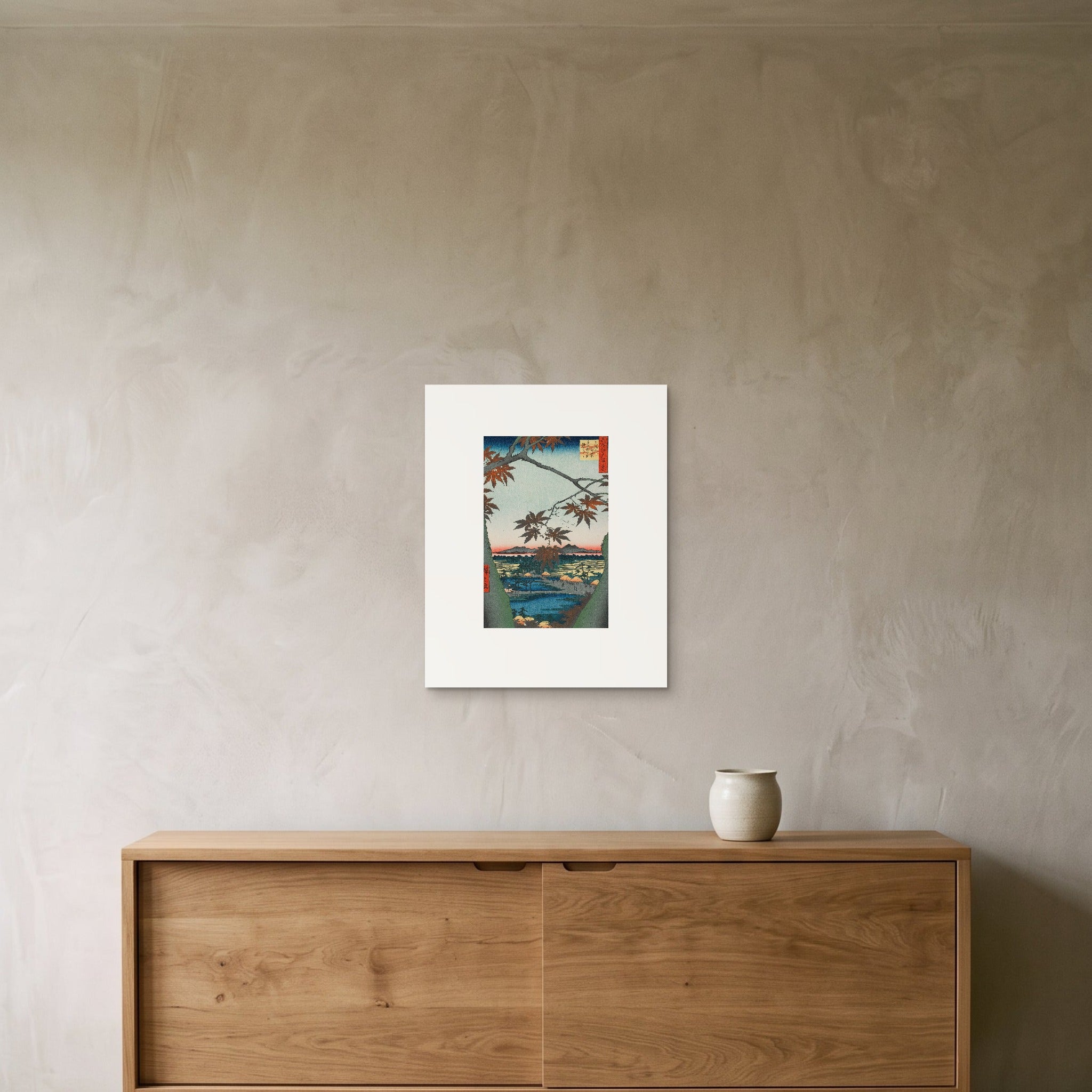 Hiroshige's Maples at Mama as a 40 × 50 cm giclée print, unframed, hung 25 cm above a 140 cm sideboard