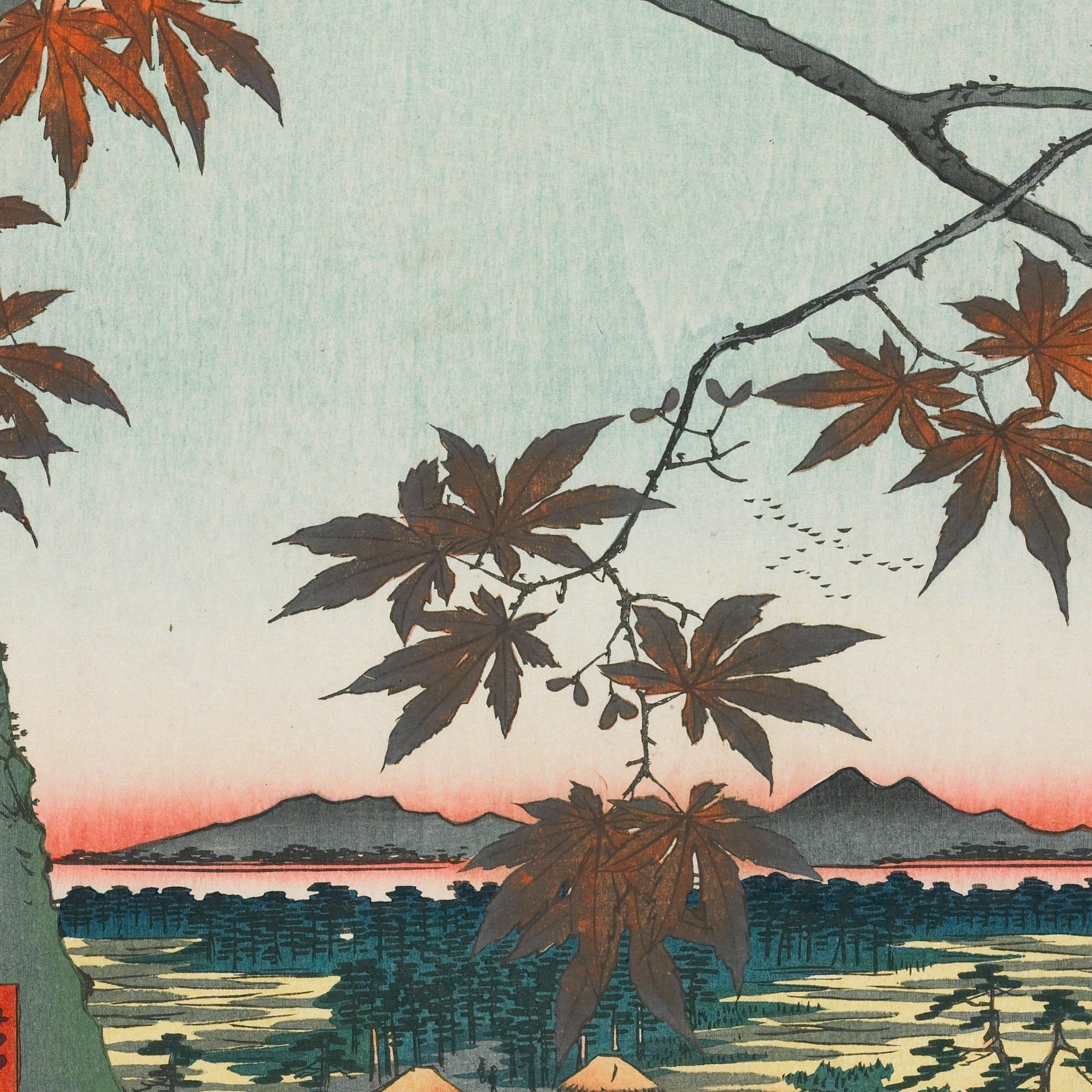 Detail at actual print size: the maple branch, the hand-wiped gradation of the sky and the paper grain of the impression