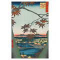 Utagawa Hiroshige, Maples at Mama, 1857 - the printed image trimmed to a clean rectangle, red maple leaves above the Tekona shrine and the winding river