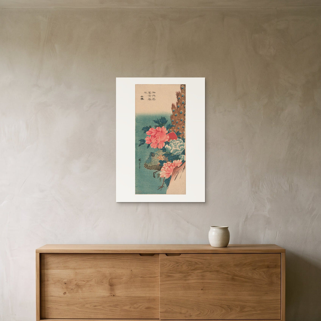 Hiroshige's Peacock and Peonies as a 50 × 70 cm giclée print, unframed, hung 25 cm above a 140 cm sideboard
