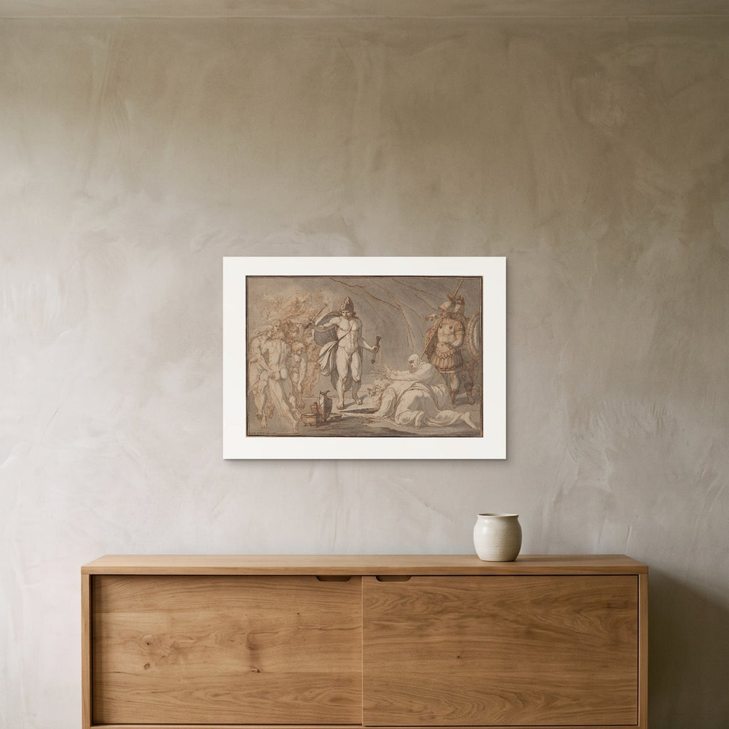 Lips's Odysseus at the Gates of Hades as a 70 × 50 cm giclée print, unframed, hung 25 cm above a 140 cm sideboard