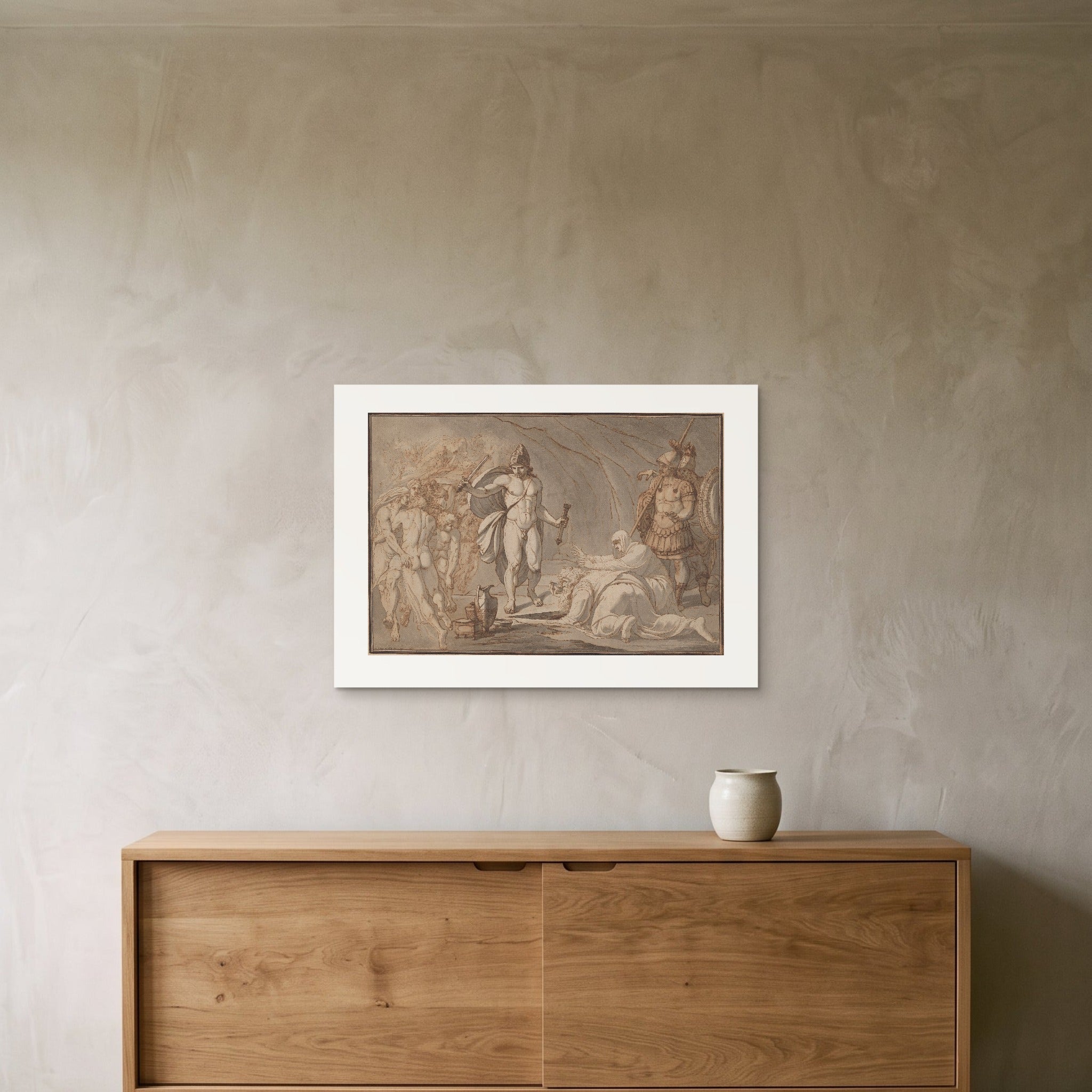 Lips's Odysseus at the Gates of Hades as a 70 × 50 cm giclée print, unframed, hung 25 cm above a 140 cm sideboard
