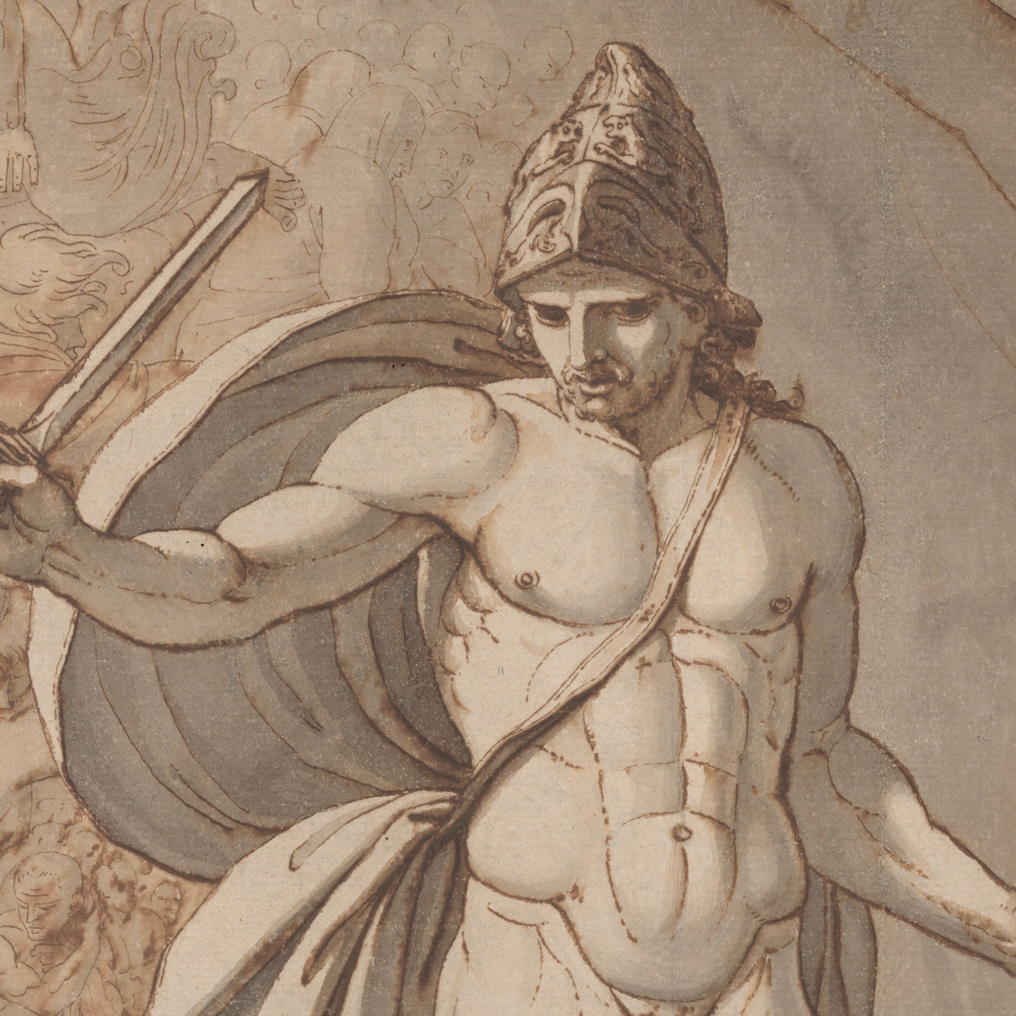 Detail at actual print size: Odysseus in his helmet with the sword drawn, the shades sketched in thin brown ink behind him