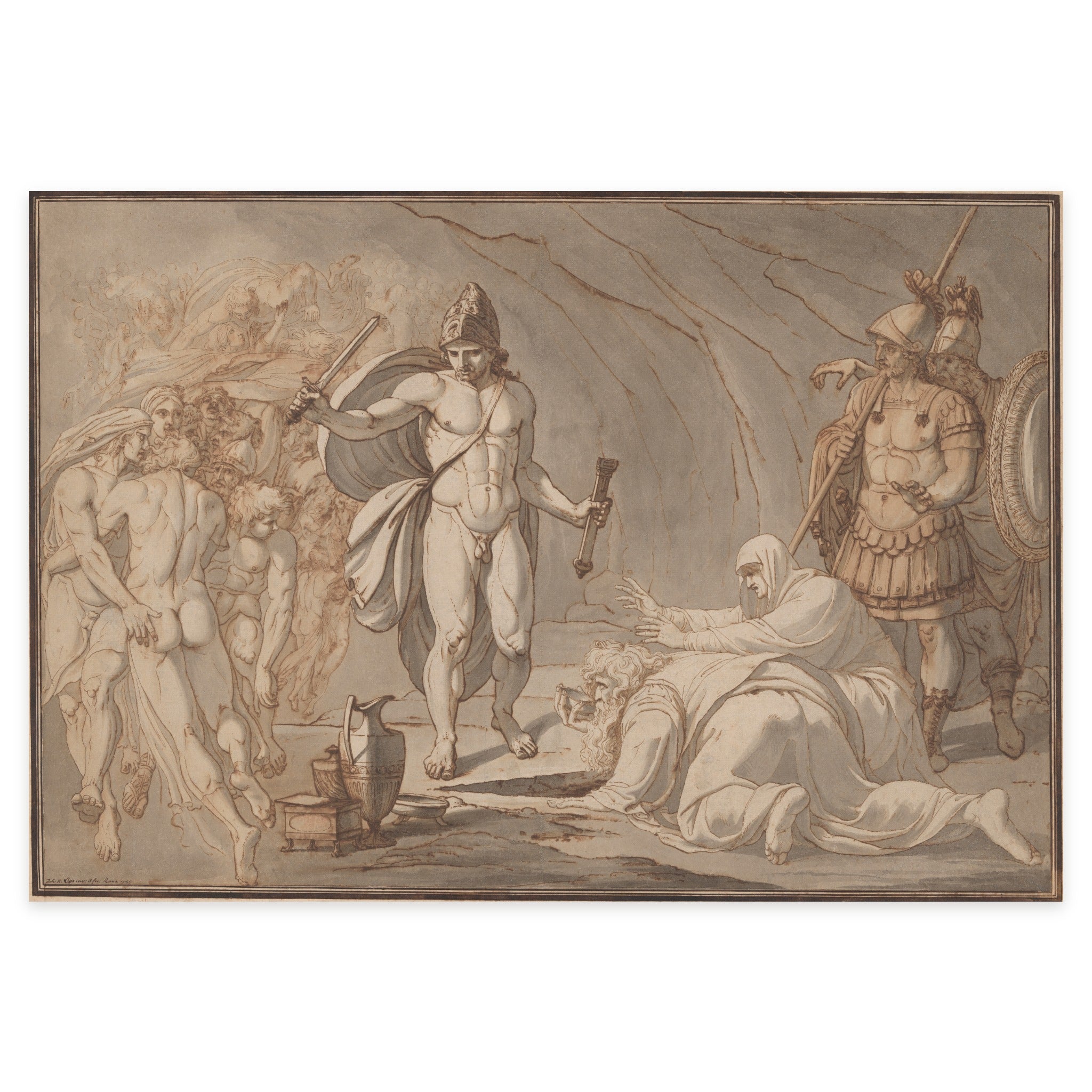 Johann Heinrich Lips, Odysseus at the Gates of Hades, 1785 — the drawing reproduced whole with its ruled border: Odysseus with drawn sword, his mother Anticlea reaching towards him