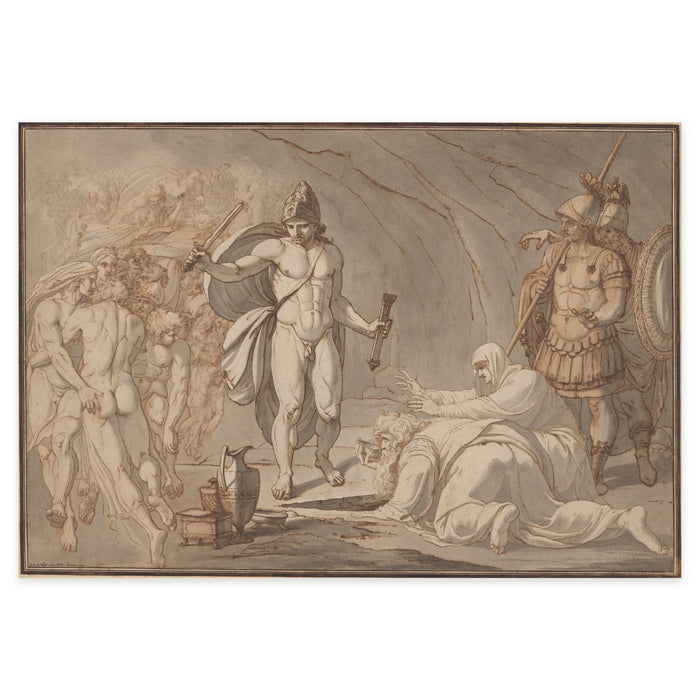 Johann Heinrich Lips, Odysseus at the Gates of Hades, 1785 — the drawing reproduced whole with its ruled border: Odysseus with drawn sword, his mother Anticlea reaching towards him