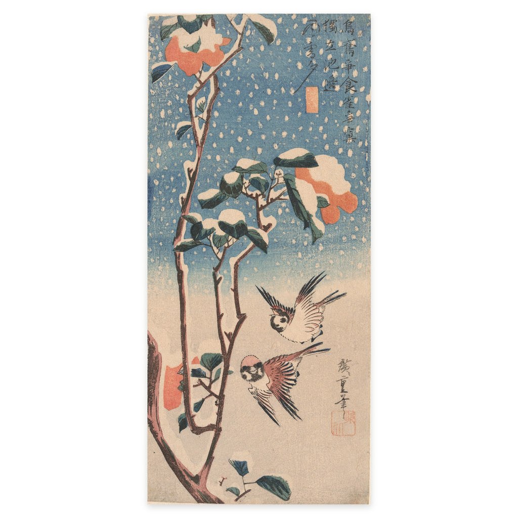 Utagawa Hiroshige, Sparrows and Camellia in Snow, c. 1831–33 — the tall ōtanzaku sheet reproduced whole, two sparrows under a snow-laden camellia branch