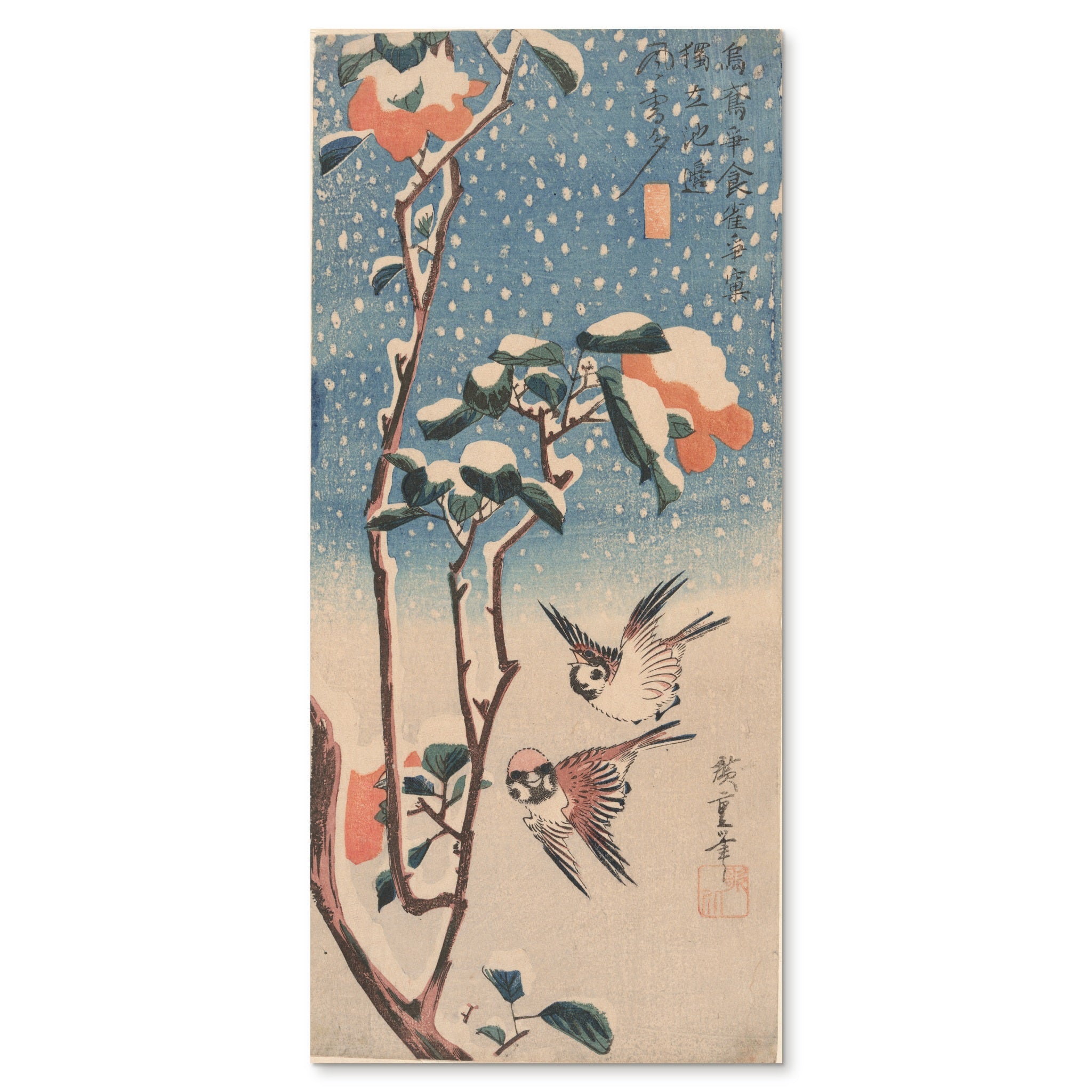 Utagawa Hiroshige, Sparrows and Camellia in Snow, c. 1831–33 — the tall ōtanzaku sheet reproduced whole, two sparrows under a snow-laden camellia branch