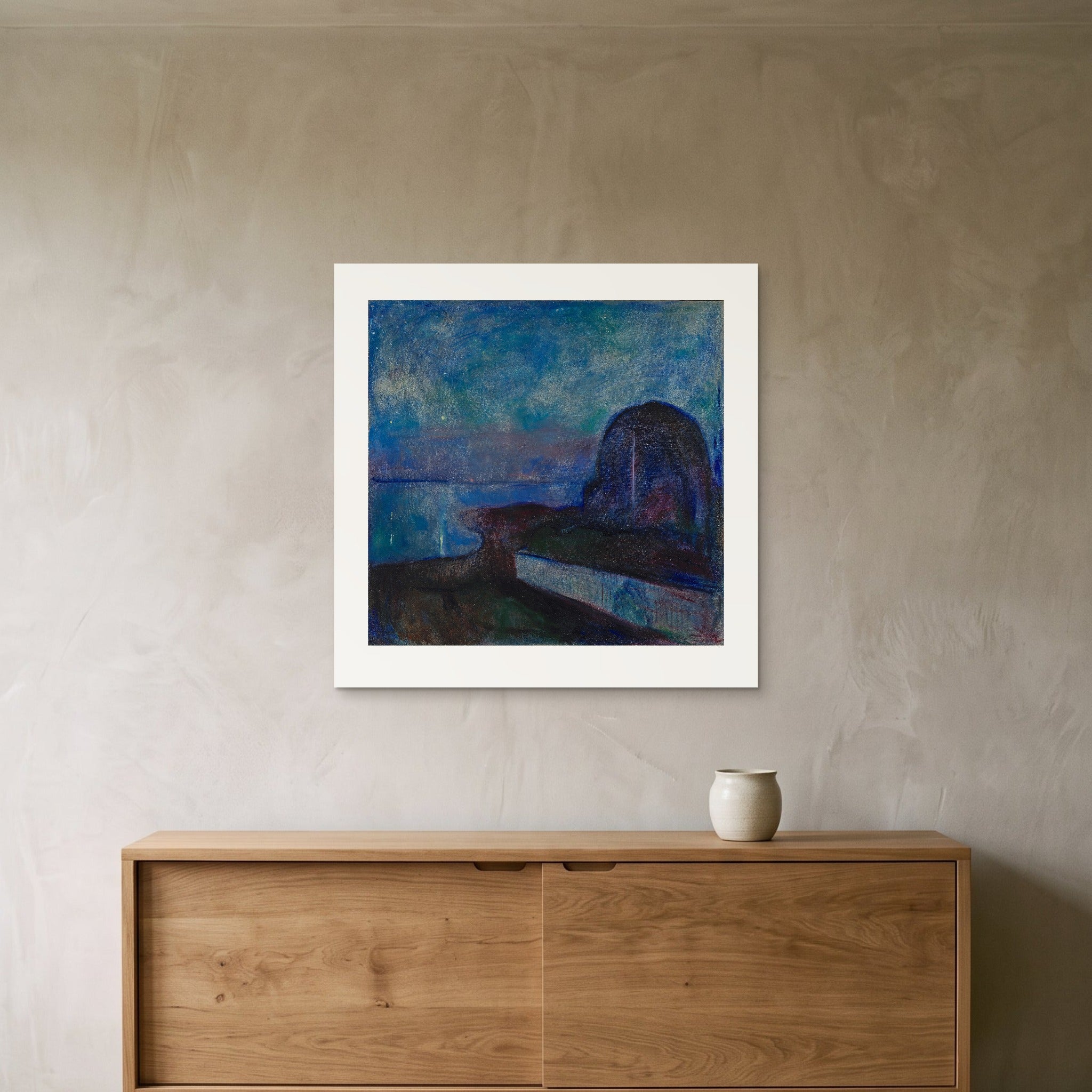 Munch's Starry Night as a 70 × 70 cm giclée print, unframed, hung 25 cm above a 140 cm sideboard