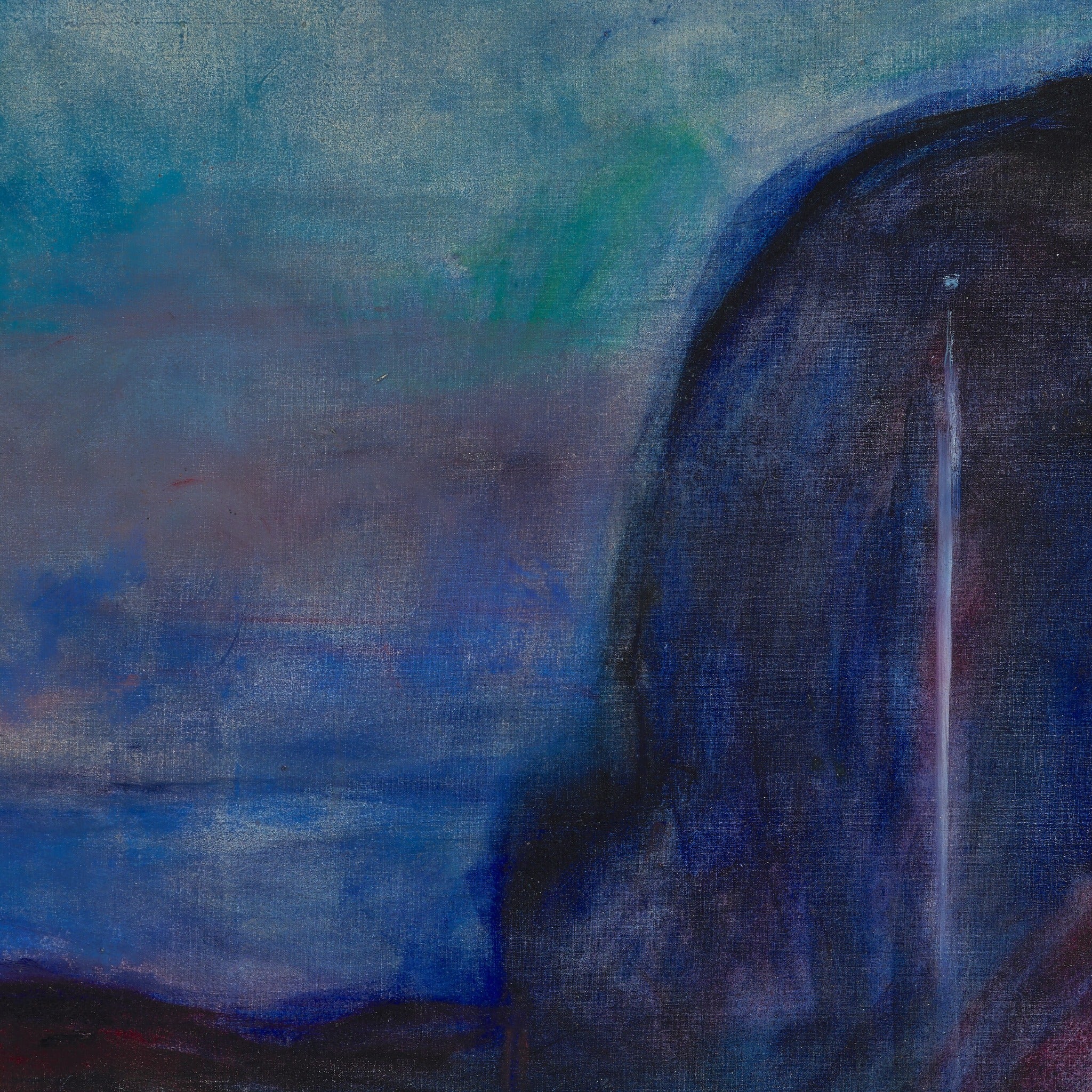 Detail at print size: the flash of light in the trees and the weave of the canvas coming through the thinly painted sky