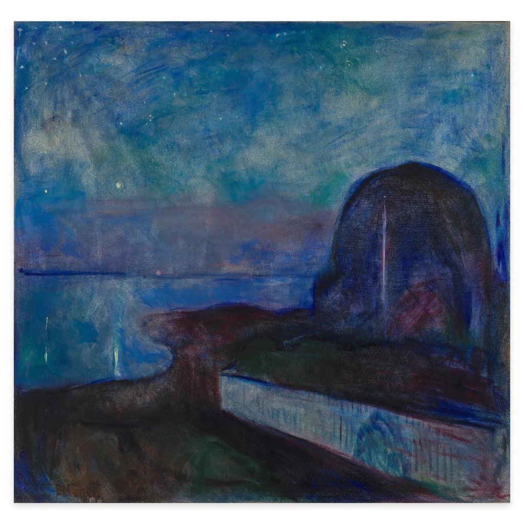 Edvard Munch, Starry Night, 1893 — the canvas reproduced whole: the dark mass of the linden trees, the white fence and the shoreline at Åsgårdstrand under a blue night sky