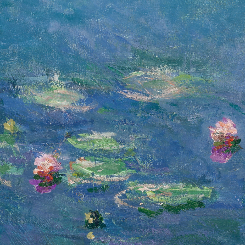 Detail at print size: pink and white lily blossoms laid on in thick strokes over the reflected sky