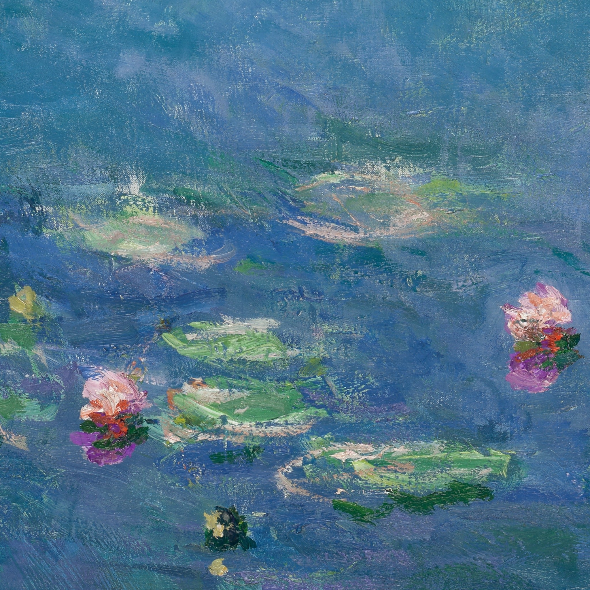 Detail at print size: pink and white lily blossoms laid on in thick strokes over the reflected sky