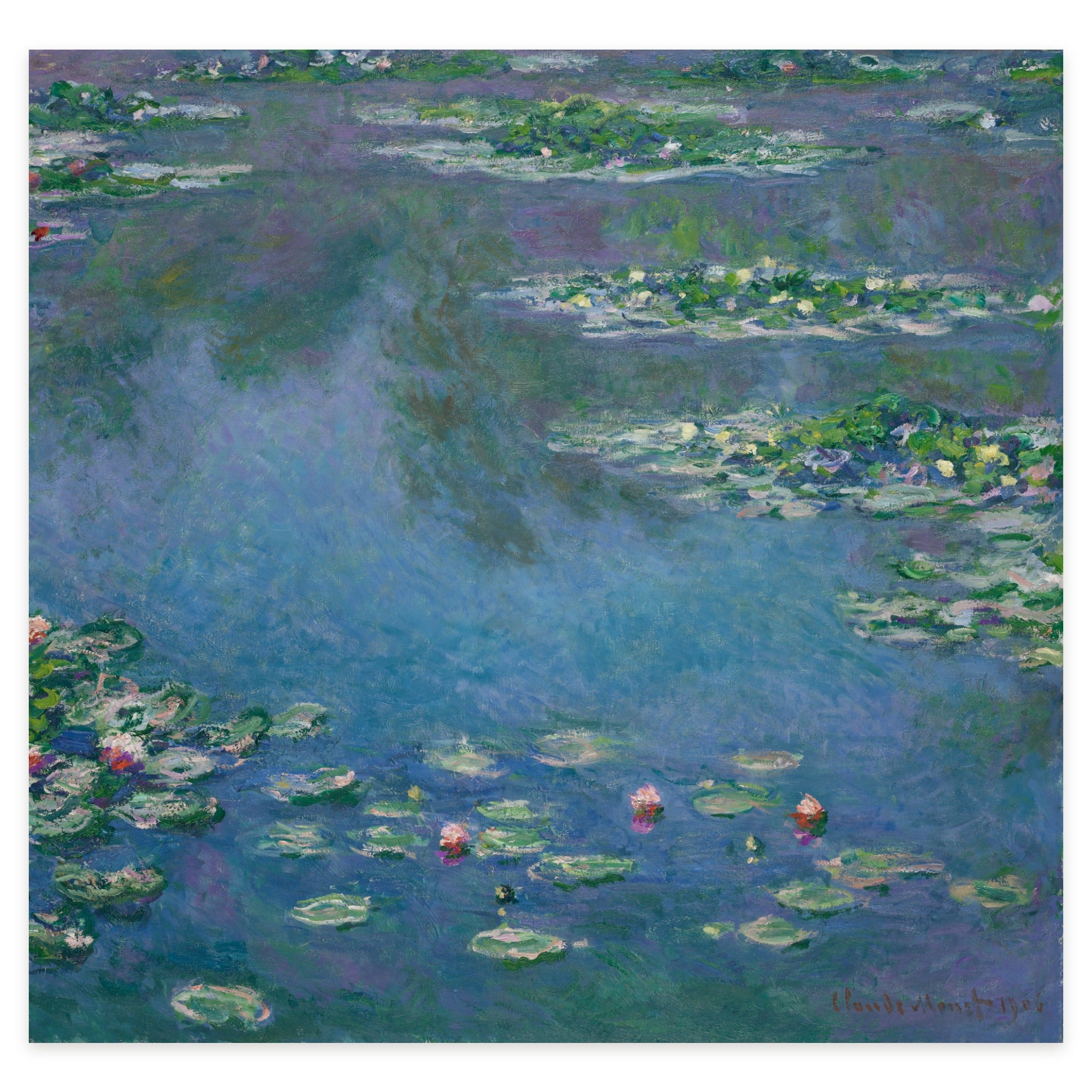 Claude Monet, Water Lilies, 1906 — the canvas reproduced whole: the surface of the pond at Giverny with lily pads in bands and the shadow of the far trees across the upper third