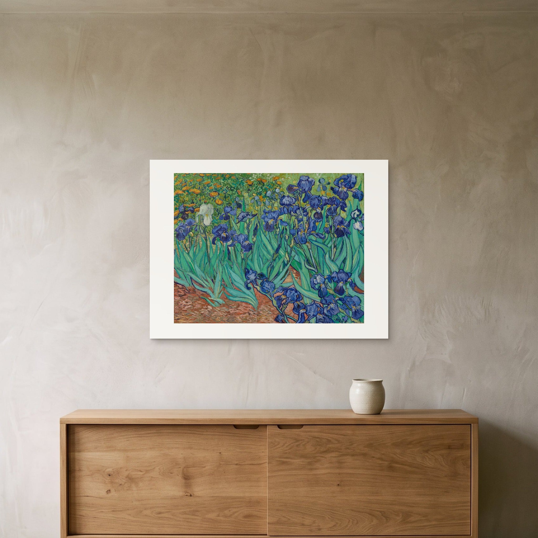 Van Gogh's Irises as an 80 × 60 cm giclée print, unframed, hung 25 cm above a 140 cm sideboard