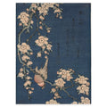Katsushika Hokusai, Bullfinch and Weeping Cherry, c. 1834 — the sheet reproduced whole: a bullfinch hanging from a branch of weeping cherry against a deep Prussian blue ground