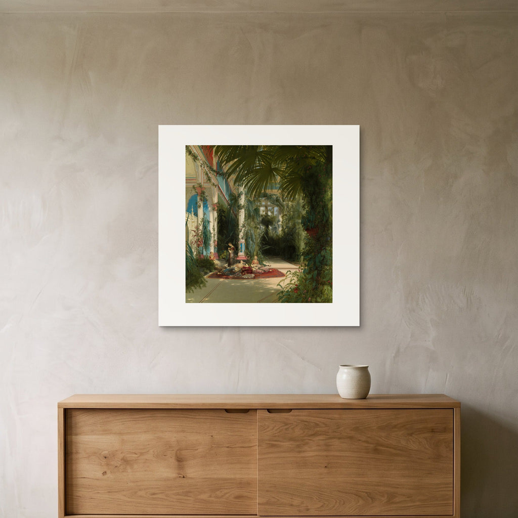 Blechen's Palm House as a 70 × 70 cm giclée print, unframed, hung 25 cm above a 140 cm sideboard