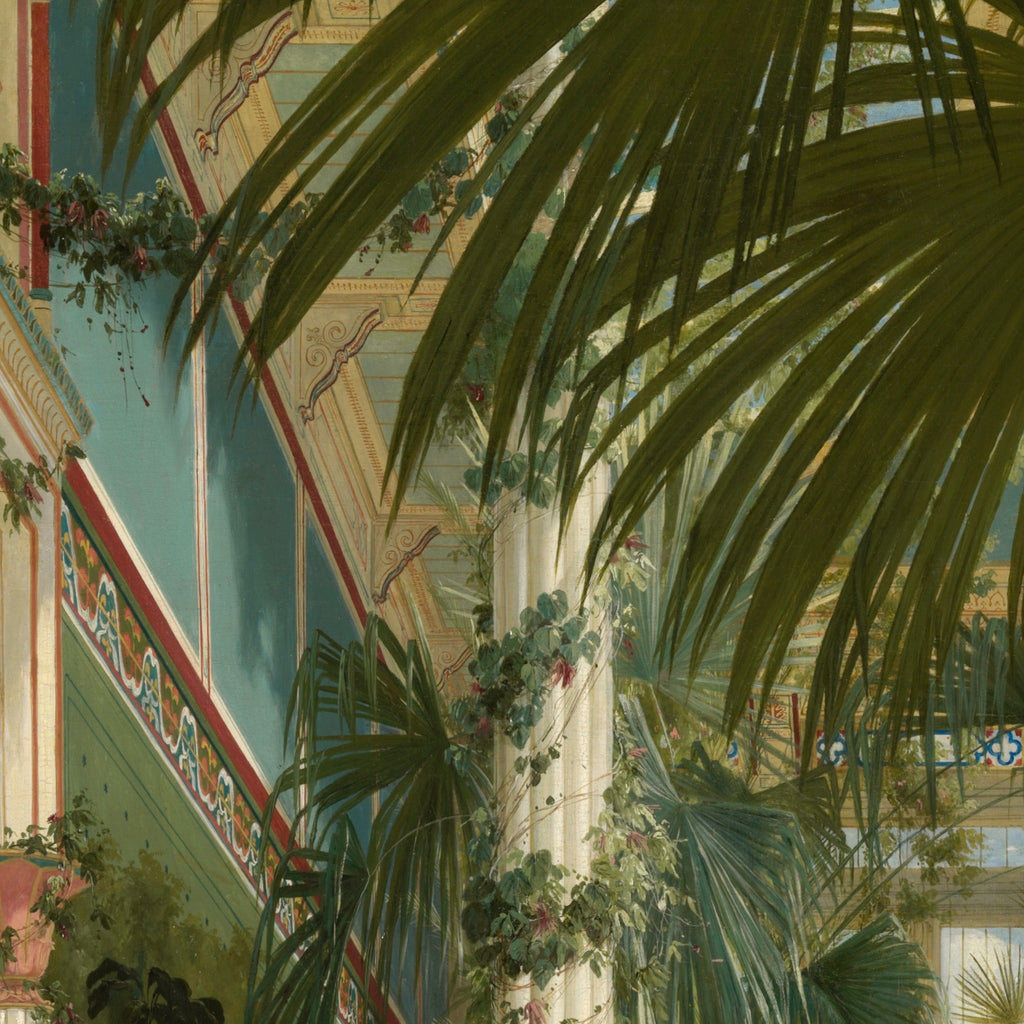 Detail at print size: palm fronds against the painted glazing bars and turquoise glass of the palm house roof