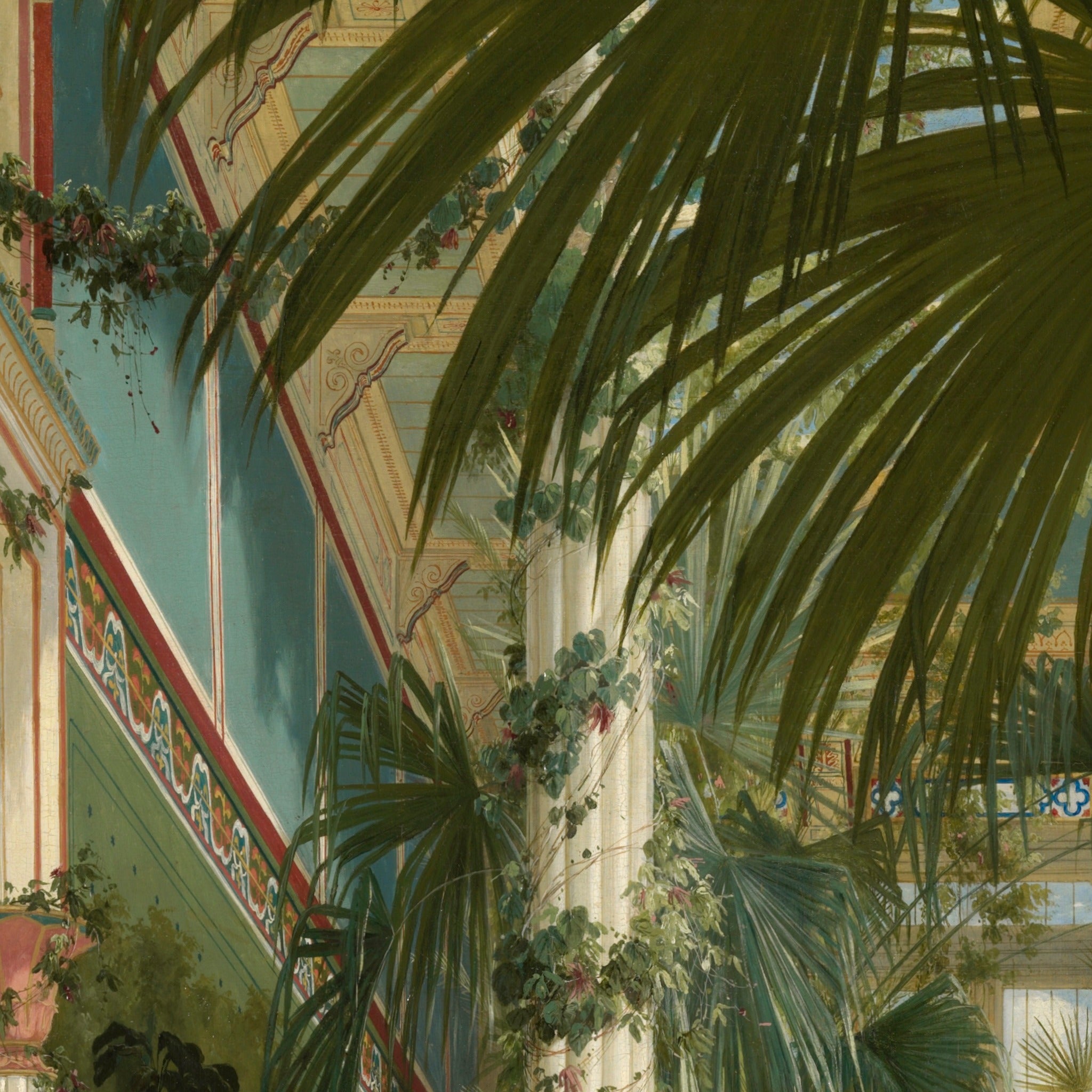 Detail at print size: palm fronds against the painted glazing bars and turquoise glass of the palm house roof
