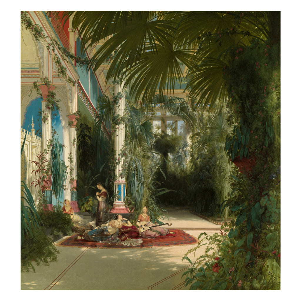 Carl Blechen, The Interior of the Palm House on the Pfaueninsel, 1834 — the painting reproduced whole: palms and vines filling a Schinkel glasshouse, with figures resting on a carpet below