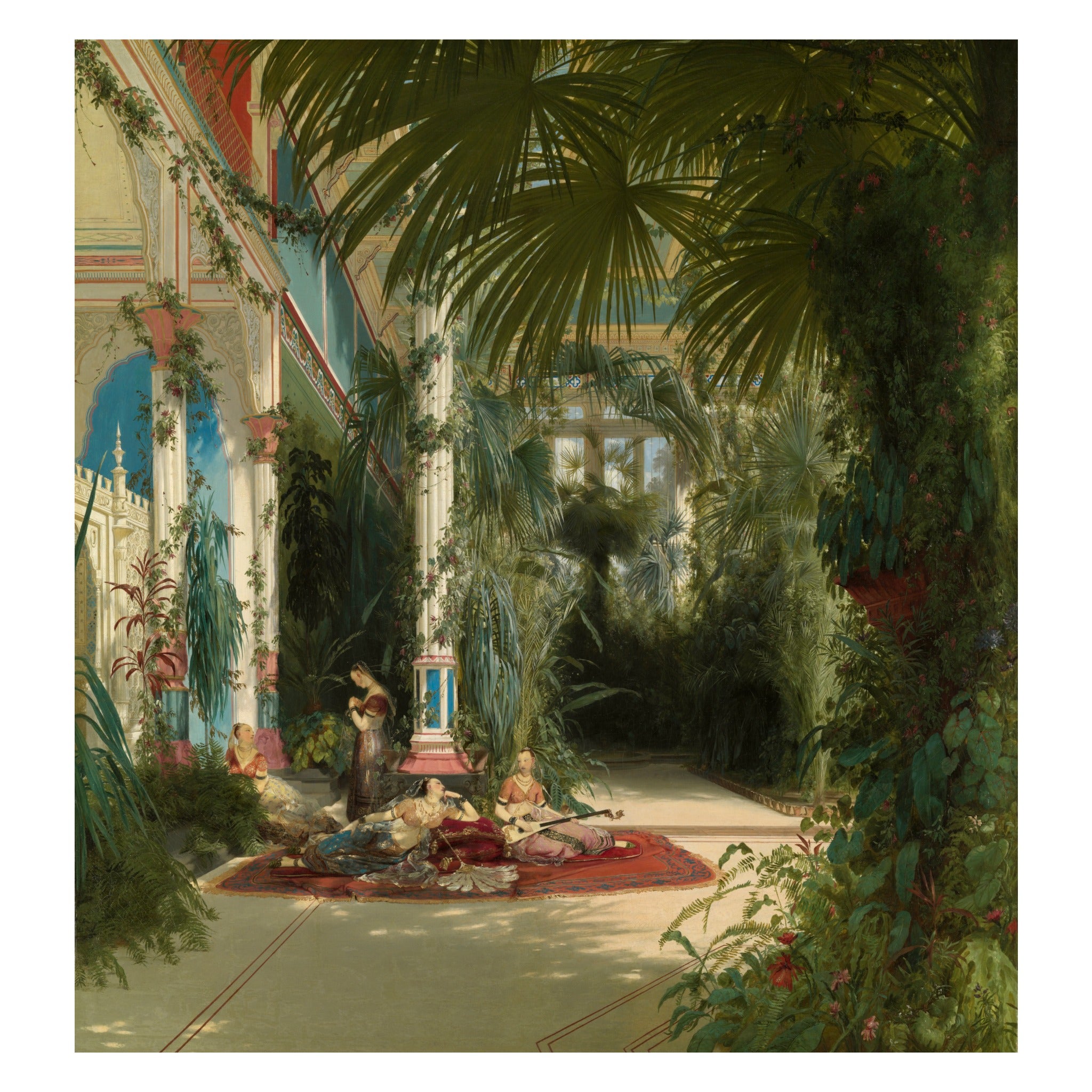 Carl Blechen, The Interior of the Palm House on the Pfaueninsel, 1834 — the painting reproduced whole: palms and vines filling a Schinkel glasshouse, with figures resting on a carpet below