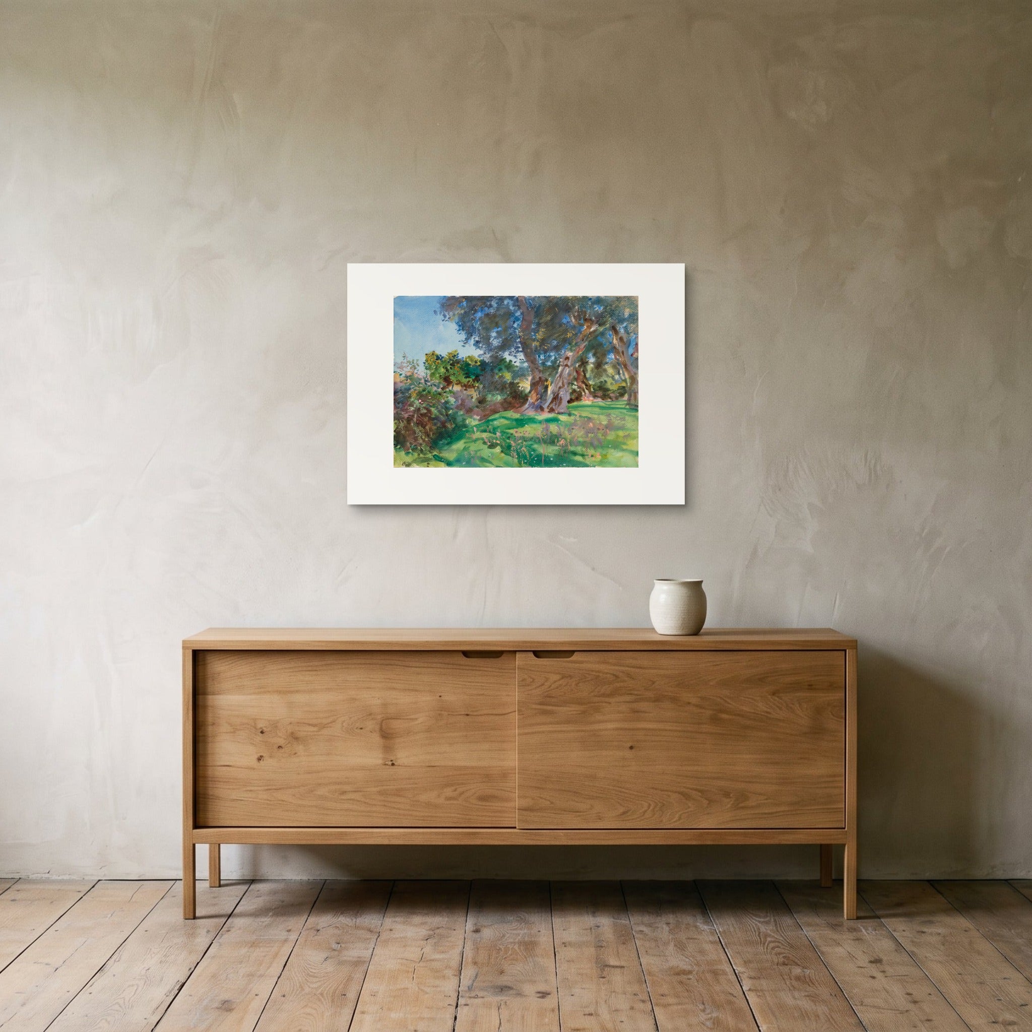 Sargent's Olive Trees, Corfu as a 70 × 50 cm giclée print, unframed, hung 25 cm above a 140 cm sideboard
