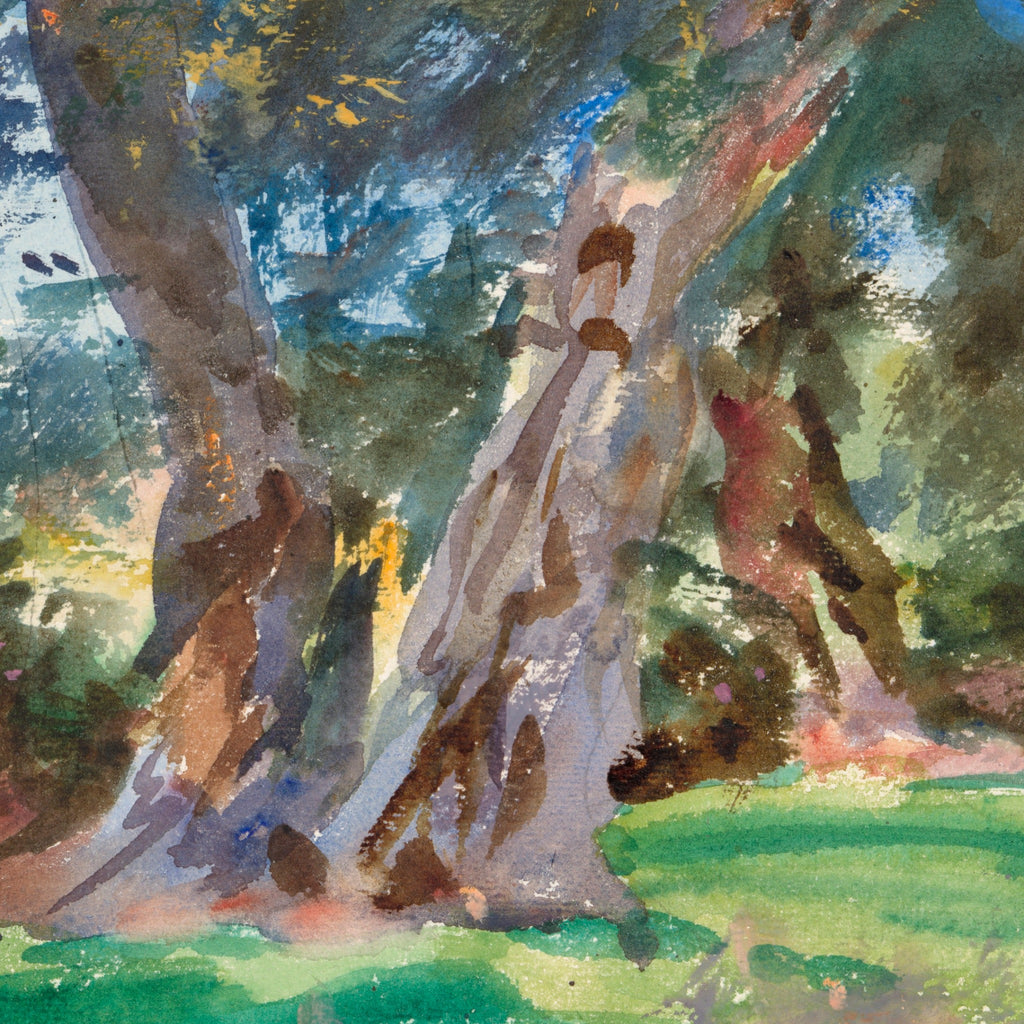 Detail at print size: an olive trunk with the whites scraped and waxed out of the wash, violet shadow against green grass