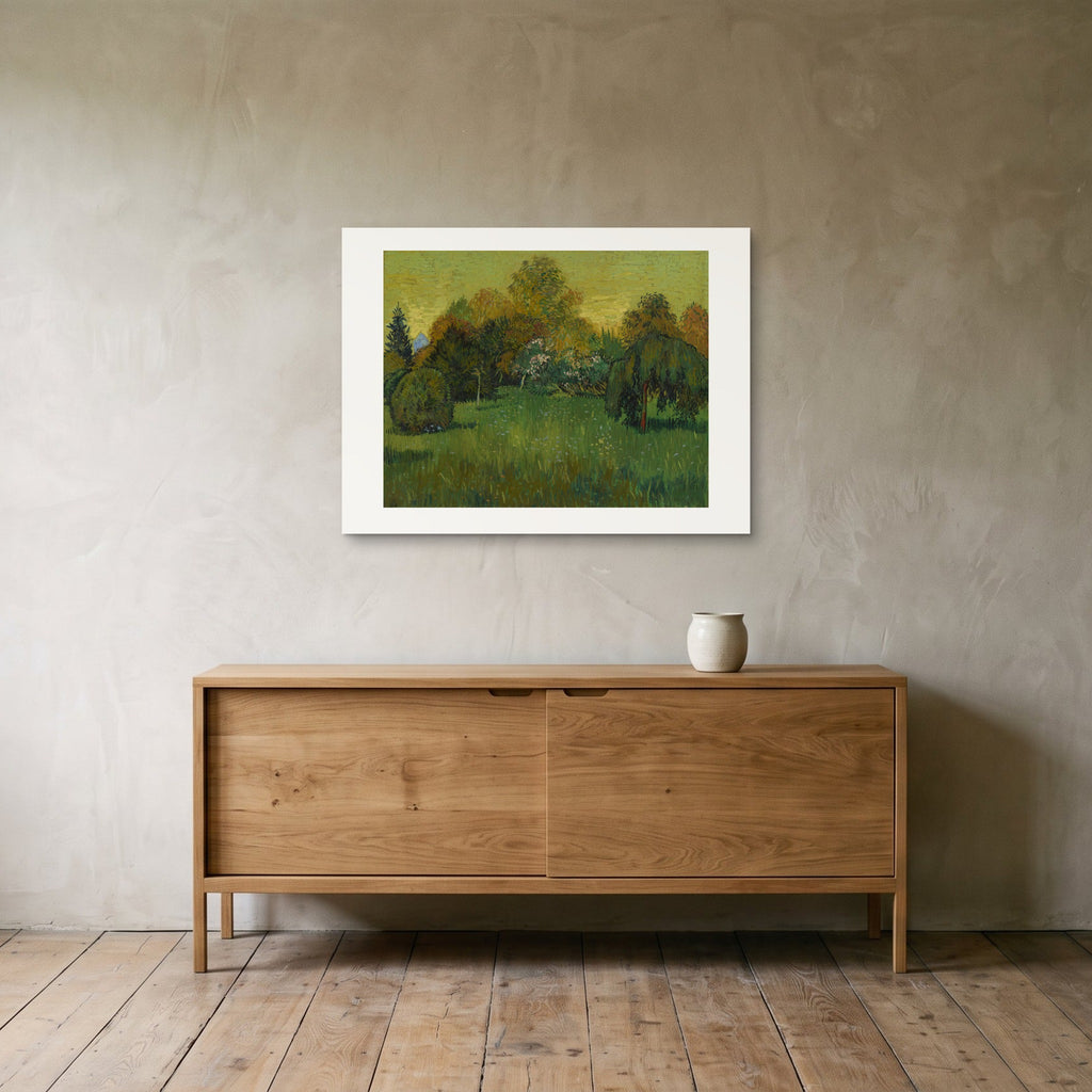 Van Gogh's The Poet's Garden as an 80 × 60 cm giclée print, unframed, hung 25 cm above a 140 cm sideboard