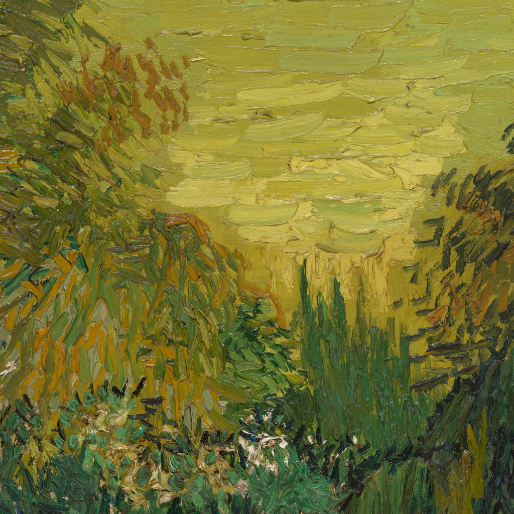 Detail at print size: the chrome-yellow sky laid in flat strokes against the dark green treeline