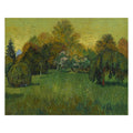 Vincent van Gogh, The Poet's Garden, 1888 — the painting reproduced whole: a grove of green trees over tall flowering grass under a heavy yellow sky